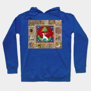 MEDIEVAL BESTIARY,WHITE DOG,HAND AND TREE, FANTASTIC ANIMALS IN GOLD RED BLUE COLORS Hoodie